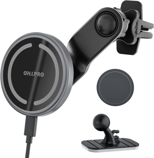 OHLPRO Compatible with MagSafe Car Mount for iPhone 16, Magnetic Wireless Car Charger with Extended Arm, Never Block Vents for iPhone 15/14/13/12 Serie, 15W Fast Charging Mag Safe Phone Holder, Grey