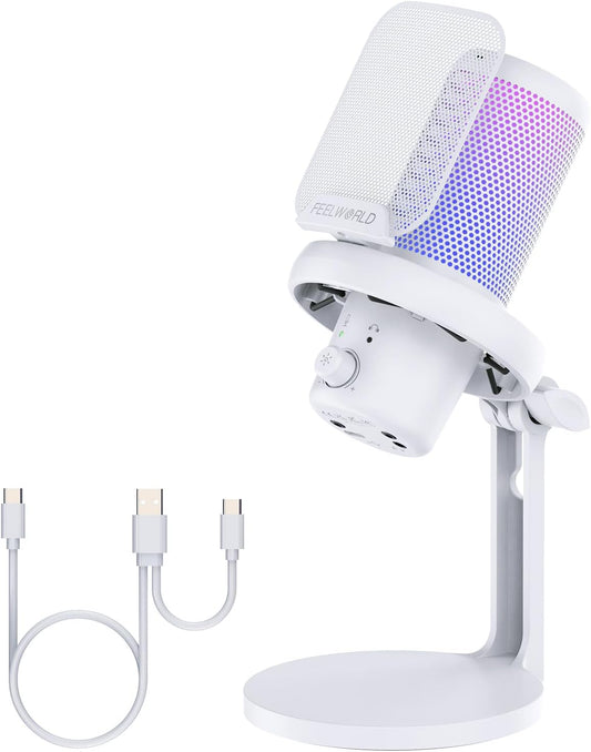 FEELWORLD VM1 White Gaming PC USB Microphone Condenser Mic with Noise Cancellation Mute RGB Light, Computer Accessories Gifts for Gamer YouTube Twitch Podcast Streaming Recording Online Chat PS4 PS5