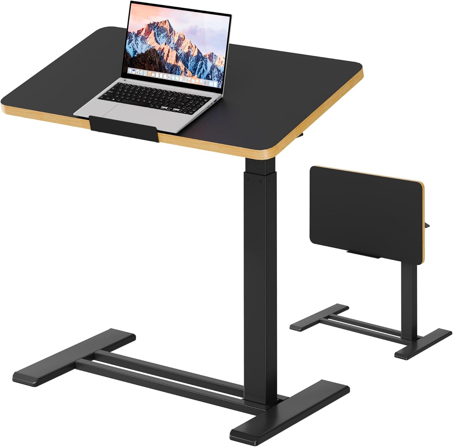 SANODESK Medical Adjustable Overbed Bedside Table with Casters 90° Tilt Top Pneumatic Mobile Rolling Laptop Computer Standing Desk Cart with Tray, Hospital and Home Use(27.6" W x 15.7" D, Black)