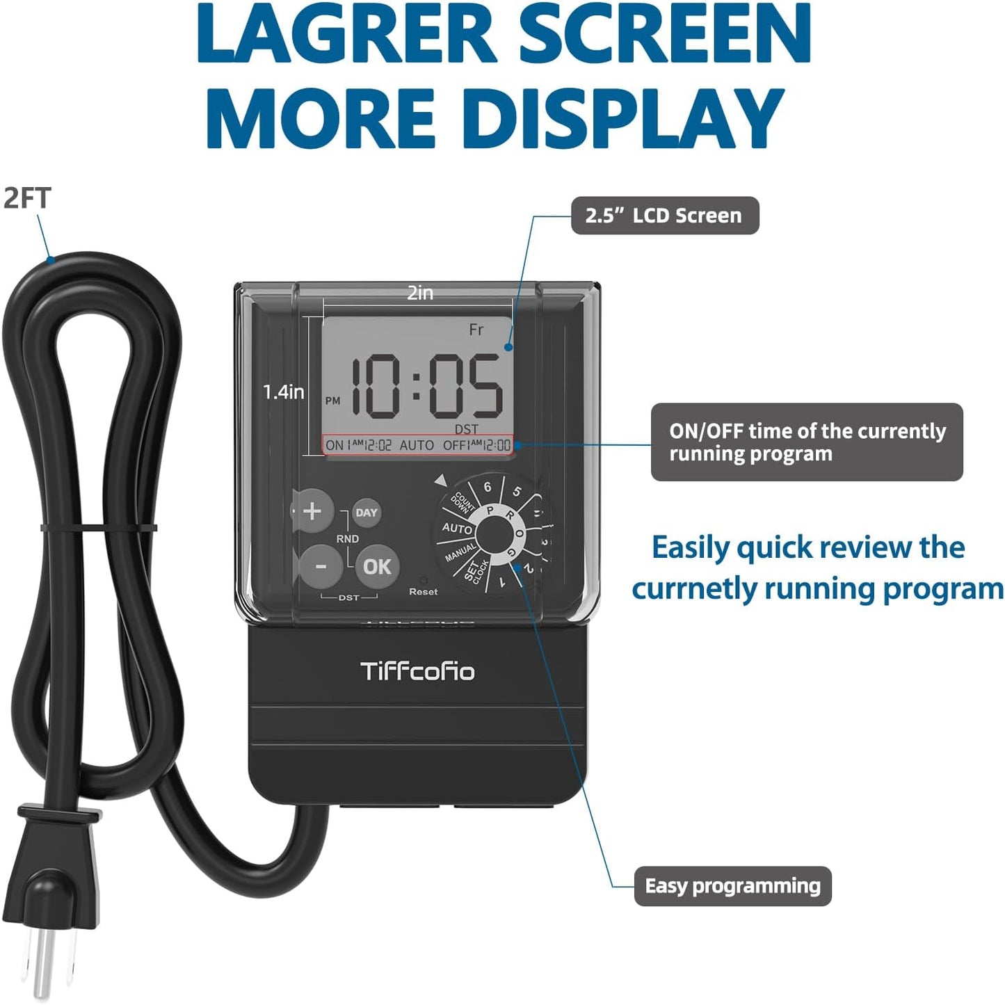 TiFFCOFiO New Digital Outdoor Timer Waterproof, Dial Programmable Method, Outdoor Light Timer with 2FT Extension Cord, 2 Grounded Electrical Outlets for Lights, 6 Sets of Programs, 20A/2500W