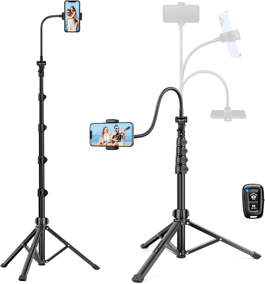 Phone Tripod Stand, 85" Tall Cellphone Tripod for iPhone with Gooseneck Remote, Flexible Portable Phone Stand for Recording, Compatible with iPhone 14 13 12 pro Android Camera