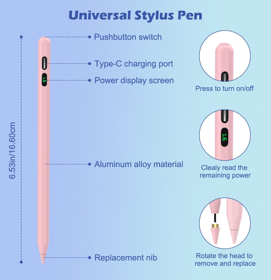 MoKo Stylus Pens for Touch Screens, Fast Charge Stylus Pen for Apple iPad/iPhone/Samsung/Lenovo/iOS/Android Tablets&Smart Phone Universal Stylus Capacitive Screen Pencil with Power Display, Pink