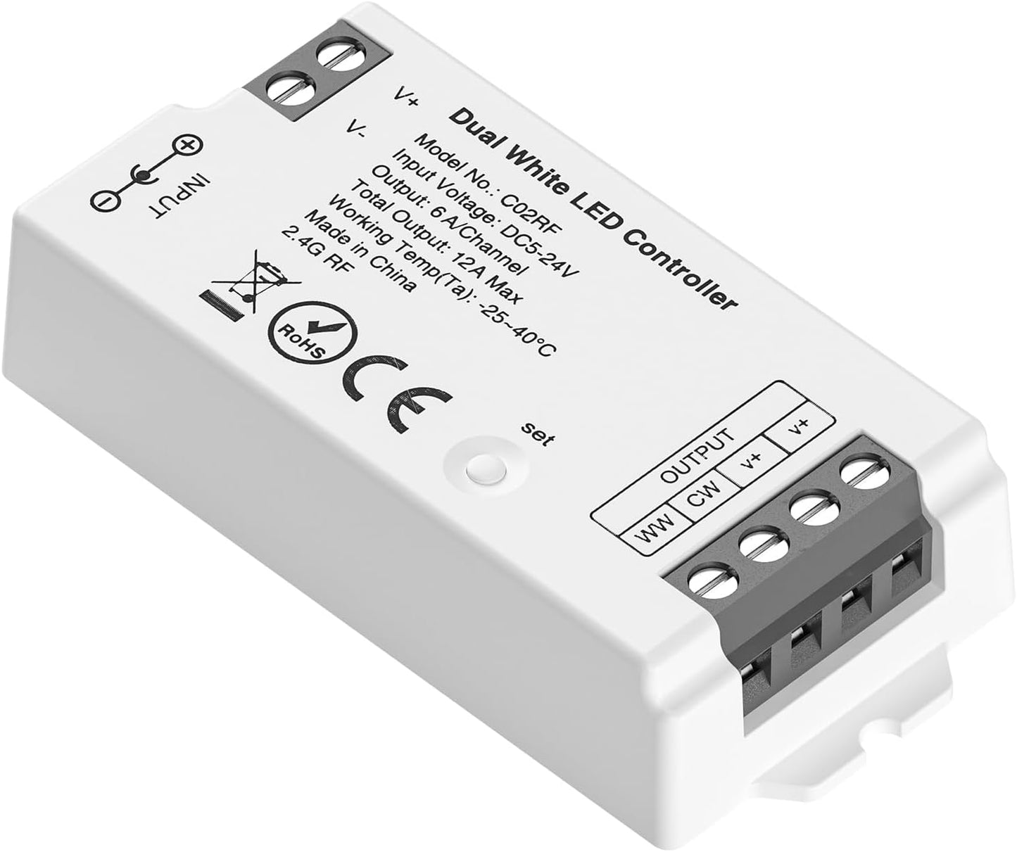 BTF-LIGHTING C02RF Tuya Controller Support PWM 5050SMD FCOB COB CCT(+ CW WW) 3pin Dual While LED Strip Support with WR02RF RC02RFB Remote DC5V/DC12V/DC24V Max 12A Indoor Use Only(NO Remote NO Power)