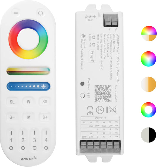 HUSUKU RS Series RGB CCT LED Controller Kit (R1+S1), 12-24V 180W-360W, RF Wireless Remote Control / 5-in-1 WiFi Controller Compatible with Alexa Google Home Smart Life Tuya Smart APP Control
