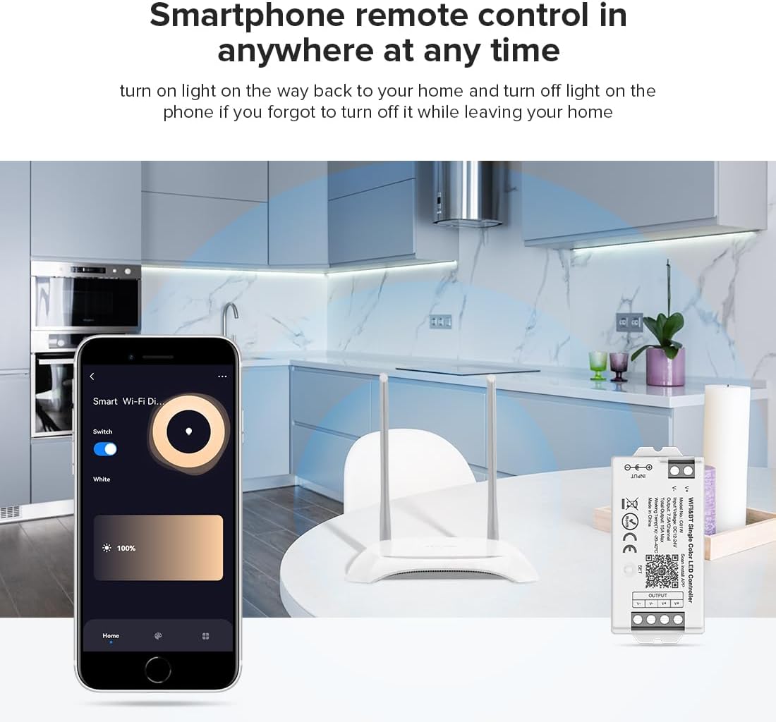 BTF-LIGHTING C01W Monochrome PWM (+V -V) 2PIN LED Strip Dim Brightness 2.4GHz Tuya WiFi Group Controller Alexa Google Home Smartphone APP Control Compatible with WR02RF RC01RFB Remote