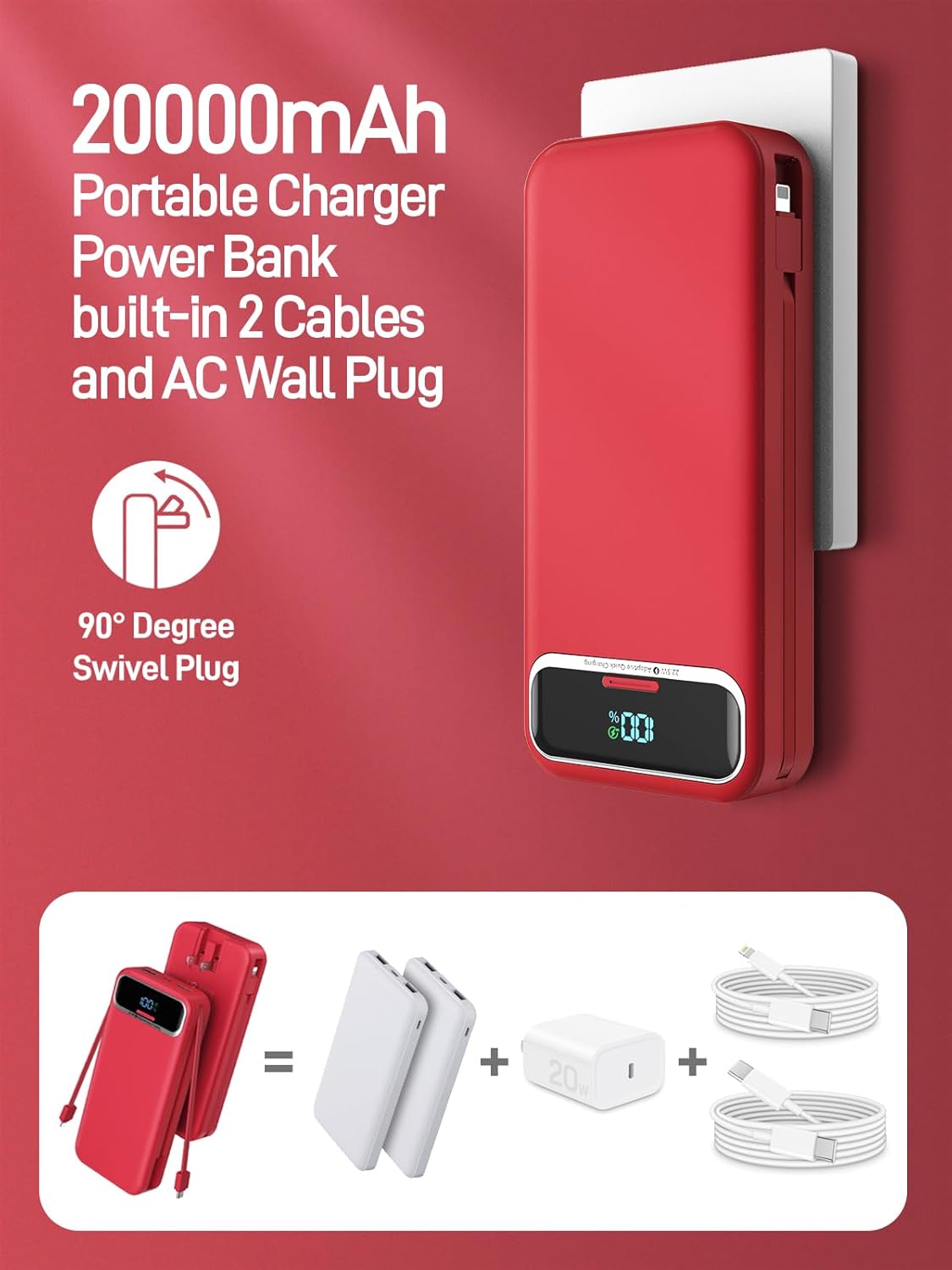 Portable Charger Power Bank with Built in Cables and AC Wall Plug,PD20W&SCP22.5W USB-C Super Fast Charging,20000mAh Travel Phone Charging,LED Display Battery Pack Compatible All iPhone Samsung etc