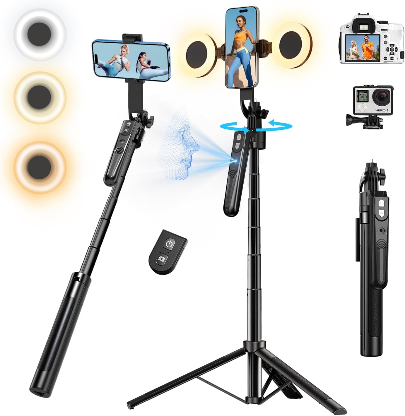Auto Face Tracking Tripod with 360 Rotation Stand, 70.9" Ai Motion Tracking, Selfie Stick Rotation with Remote, Motion Sensor Phone Stand, for Vlog/Live Stream/Video Recording