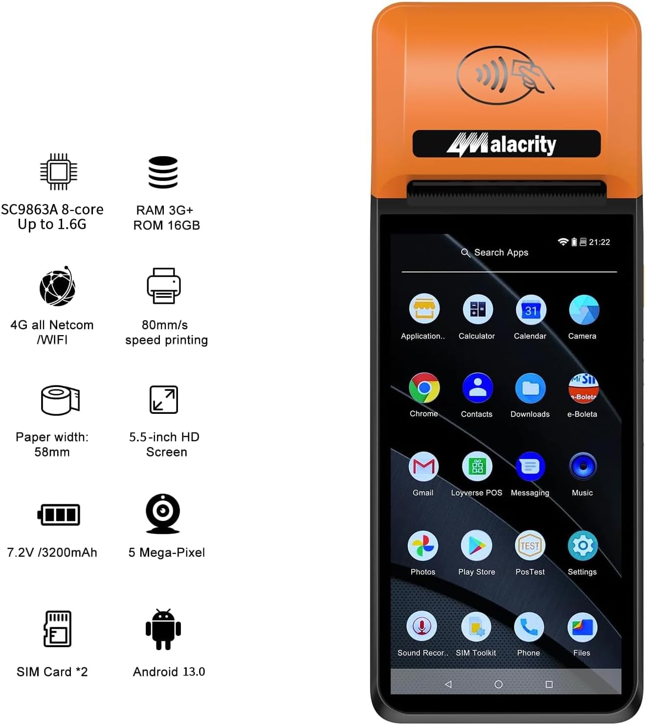 Alacrity Mobile POS PDA Terminal, Android 13 SoftPay,1D 2D Scan Module, 58mm Thermal Printer, 5.5" Touch Screen, 4G WiFi Bluetooth, Ideal for Retail, Hospitality, Logistics, Field services, Healthcare