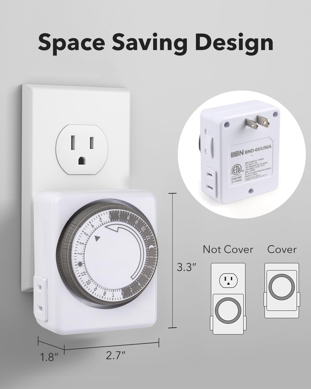 HBN Outlet Timer for Electrical Outlets Indoor, 24 Hour Mechanical Light Timers for Lamps, Dual 2-Prong Plug-in Outlets, 15-Minute Intervals, Heavy Duty Daily Cycle, 2 Pack