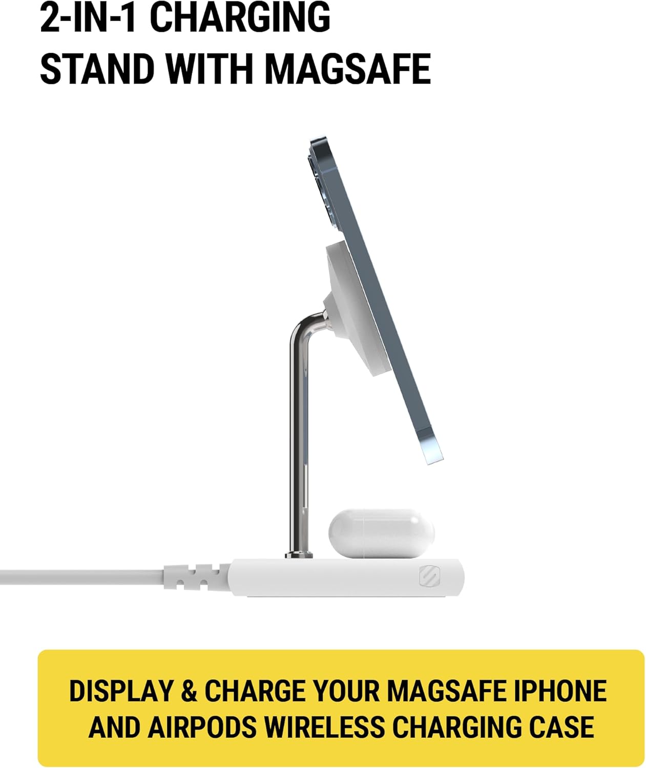 Scosche BL2MSiQWT-AP BaseLynx™ 2.0 2-in-1 Modular Charging Station with MagSafe, 15W Fast Wireless Charging Phone Stand Compatible w/Apple iPhone 15/14/13/12 Series, 5W Charger Pad for AirPods, White