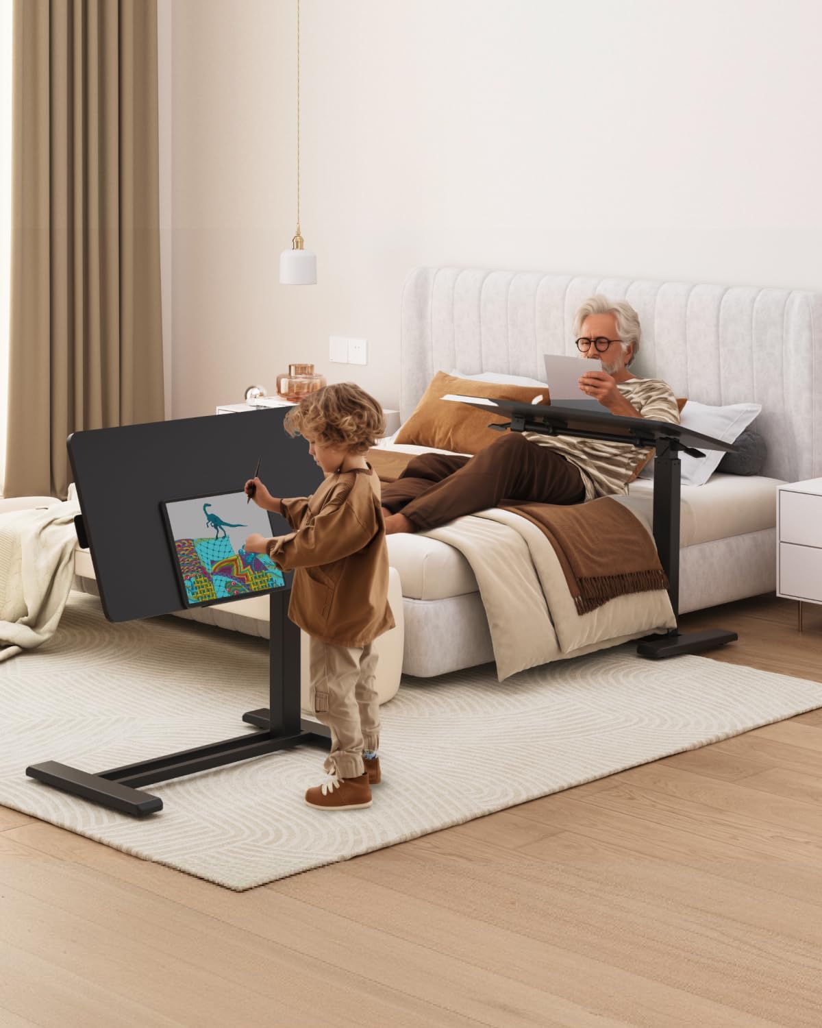 FLEXISPOT H7 PRO Mobile Standing Desk Adjustable Overbed Table Pneumatic with Wheels 90°Tiltable Portable Laptop Desk Rolling Computer Cart Foldable Bedside Table(27.6" W x 15.7" D, Black)