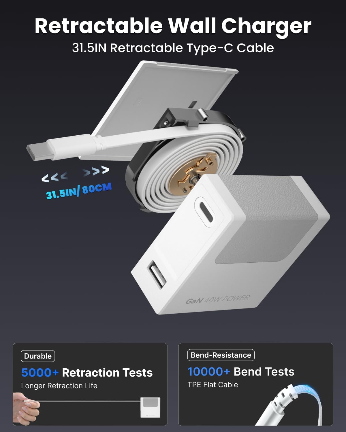 Portable Phone Charger Block, Retractable Wall Charger with 31.5in Type-C Cable, 40W PD Fast Charging Block with USB A Port, Power Adapter with Foldable Plug for iPhone 16/15, Galaxy S23 22