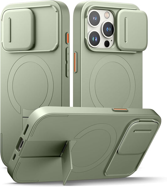 SURITCH for iPhone 15 Pro Case with Magnetic Camera Slide Cover and Adjustable Kickstand, Compatible with MagSafe, Shockproof Bumper Case Slim Protective Cover 6.1 Inch, Green