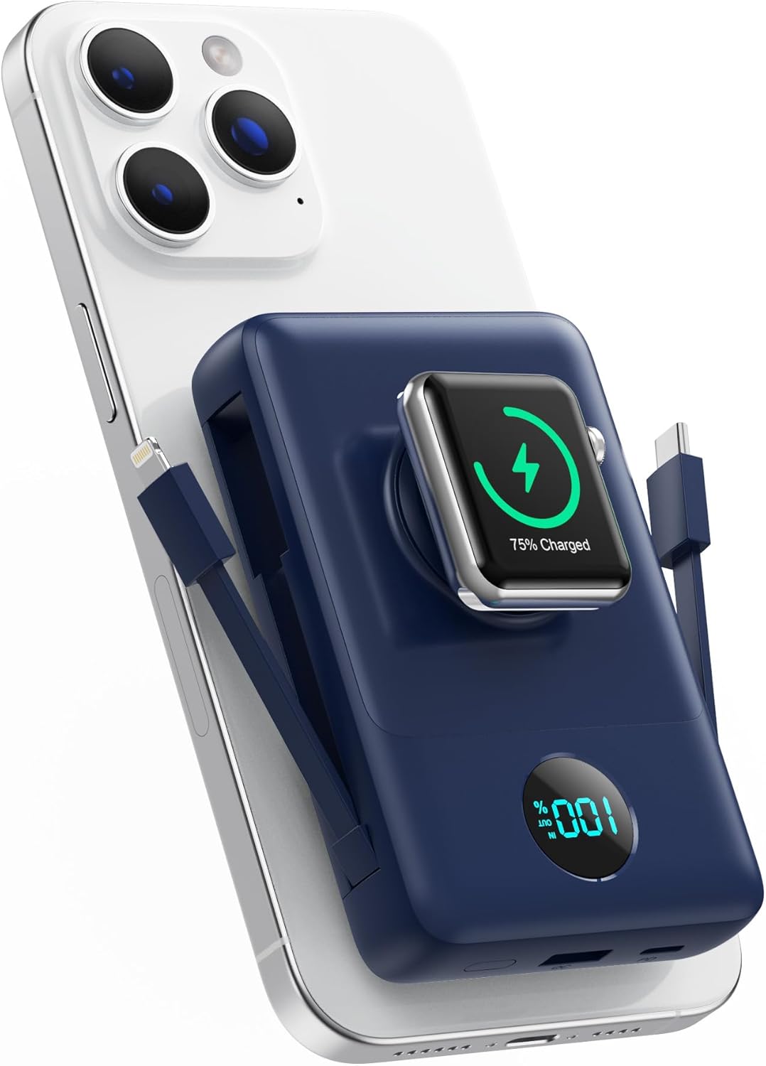 Magnetic Portable Charger 10800mAh for iPhone with Built-in Cables, 6-in-1 Wireless Power Bank with iWatch Charger, 25W PD Fast Charging USB C Battery Pack for iPhone 16/15/14/13/12, Apple Watch(Blue)