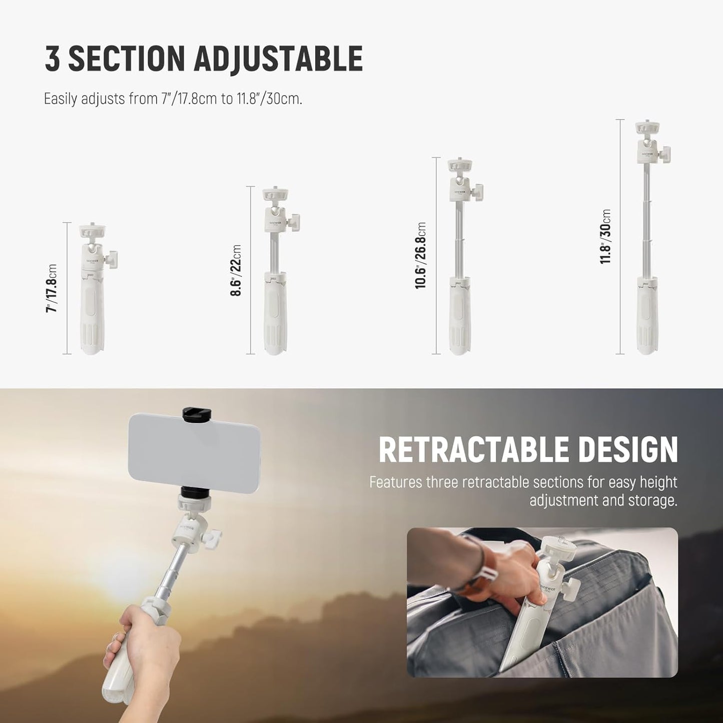 NEEWER Basics Mini Desk Selfie Stick Tripod Compatible with iPhone GoPro Insta360 DJI, Portable Small Camera Webcam Android Cell Phone Holder Ball Head Elevated Axis Video Recording Stand, TP43 White