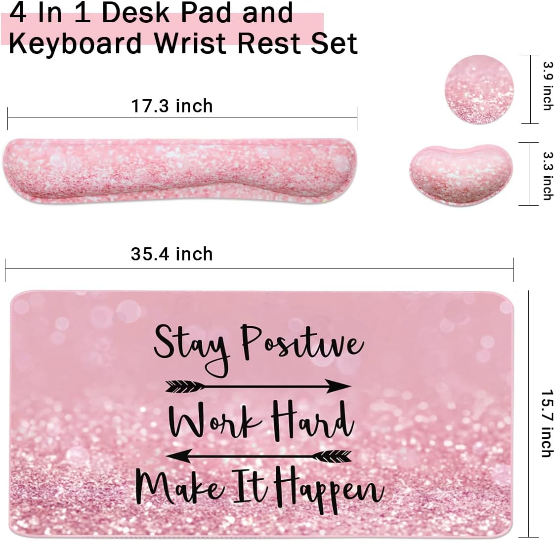 Large Mouse Pad and Keyboard Wrist Rest, Desk Pad for Keyboard and Mouse, 4-in-1 Large Gaming Mouse Pad with Wrist Support, Desk Mat for Home Office Study Game-Pink Stay Positive