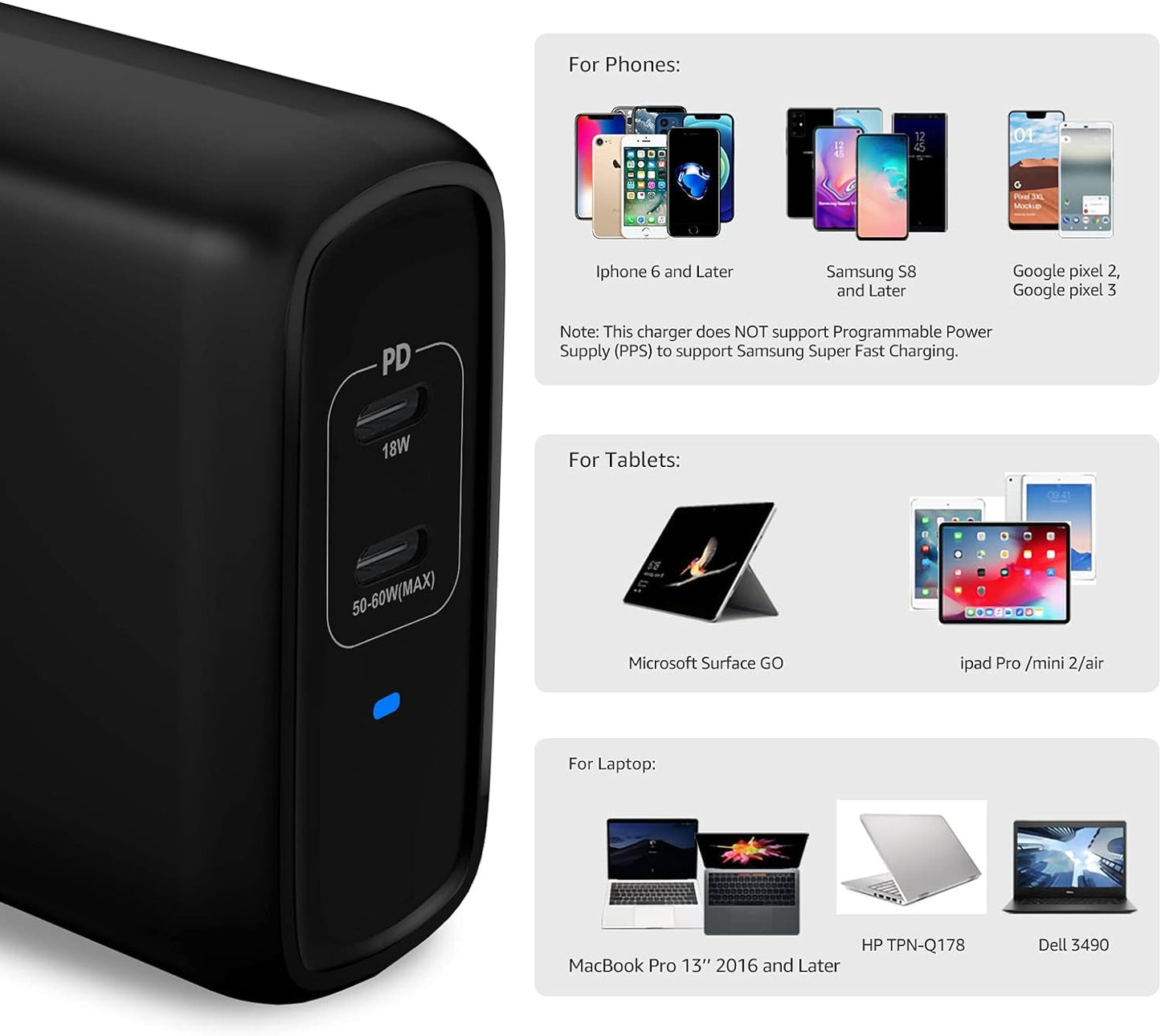 Amazon Basics 68W Two-Port GaN Wall Charger with 2 USB-C Ports (60W, 18W) with PD for Laptops, Tablets & Phones (iPhone 16/15/14/13/12/11/X, iPad, MacPro, Samsung, and More), Non-PPS, Black