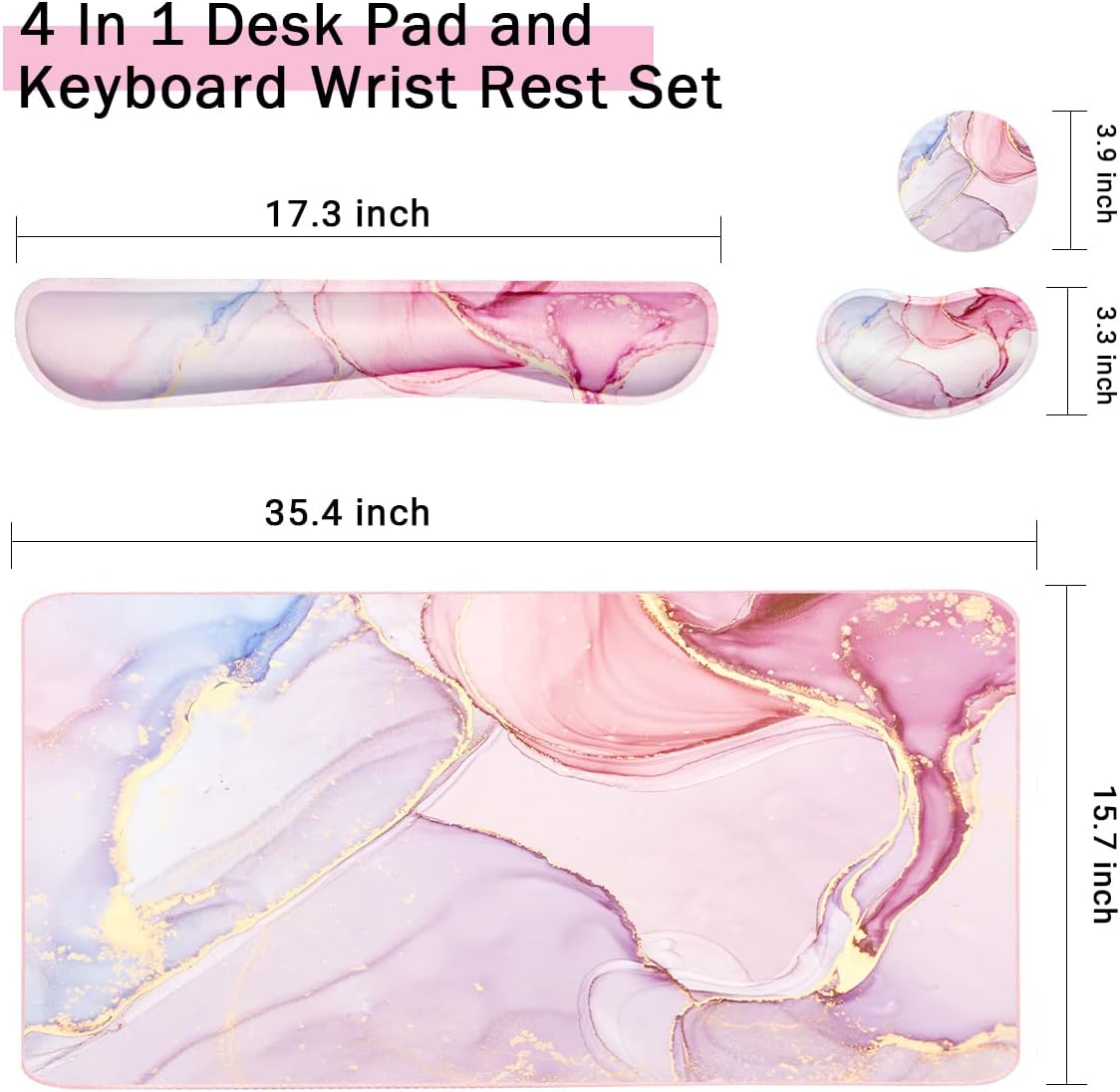 Keyboard Mouse Pad Set, Extended Mouse Pad+Keyboard Wrist Rest Support, Memory Foam Ergonomic Easy Typing, 3Pcs (35.4×15.7 in) Desk Pad Set for Home Office Study Game- Pink Marble