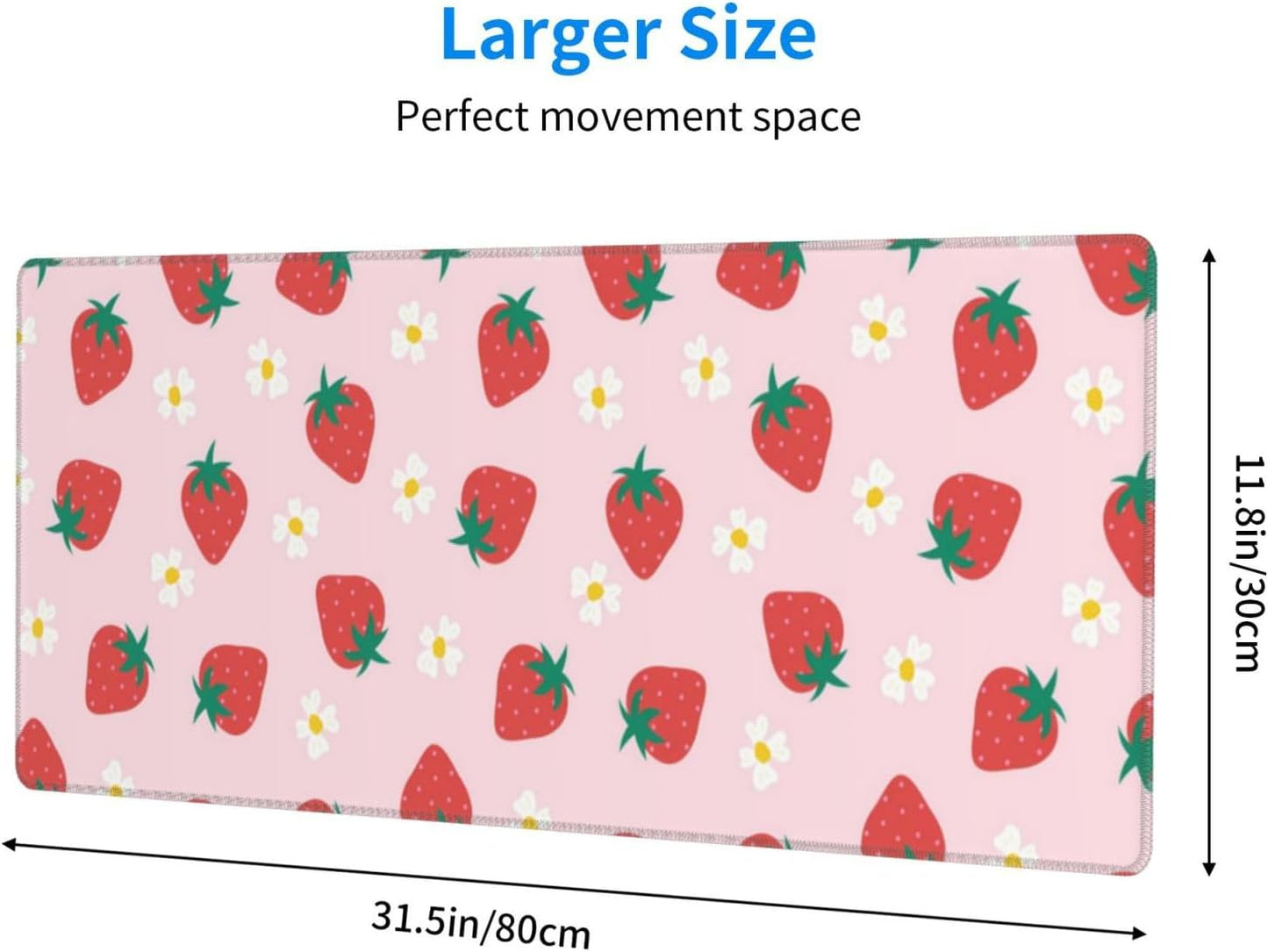 Gaming Mouse Pad Strawberry Desk Mat for Desktop Long Computer Keyboard Desk Pad Mouse Mat with Non-Slip Rubber Base Stitched Edges for Computer Home Office Gaming 31.5×11.8