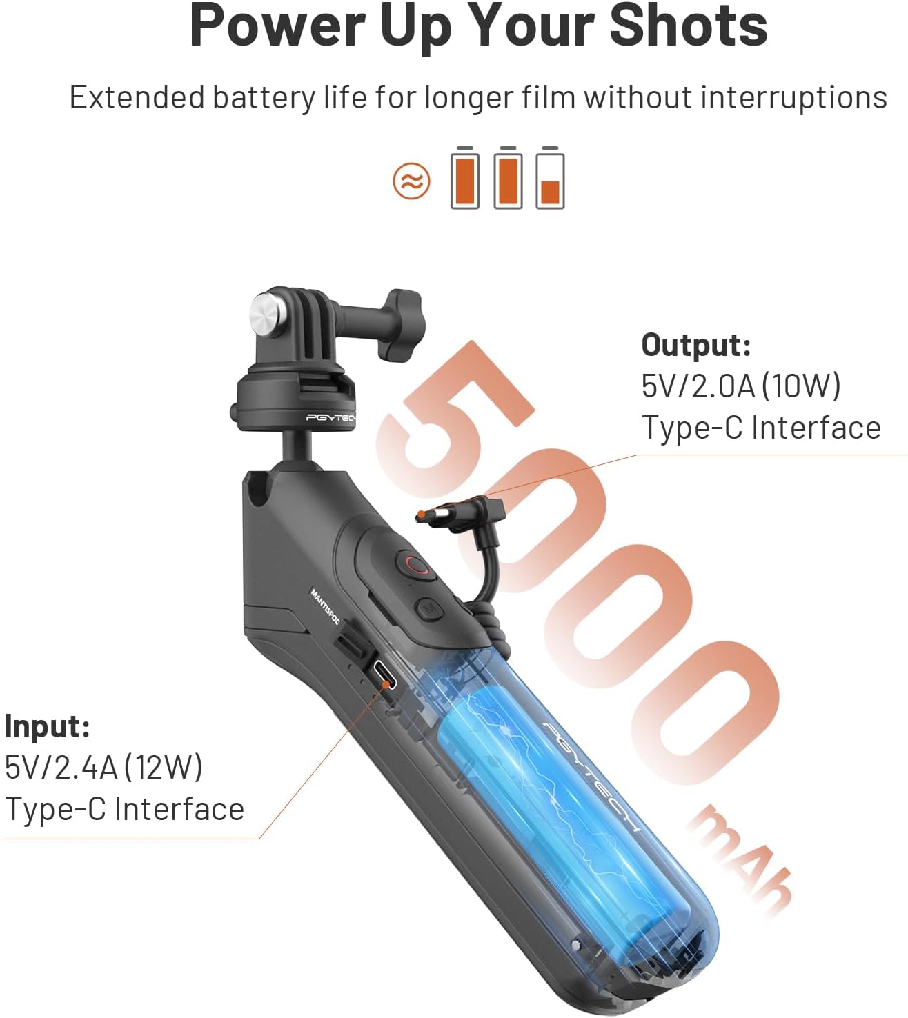 PGYTECH CapLock MantisPod Power, 5000mAh Battery Grip Handle Mount for Insta360 X3, Charging Selfie Stick with Remote Control, Vlog Attachment Tripod Monopod Bank for Action Camera, Phone