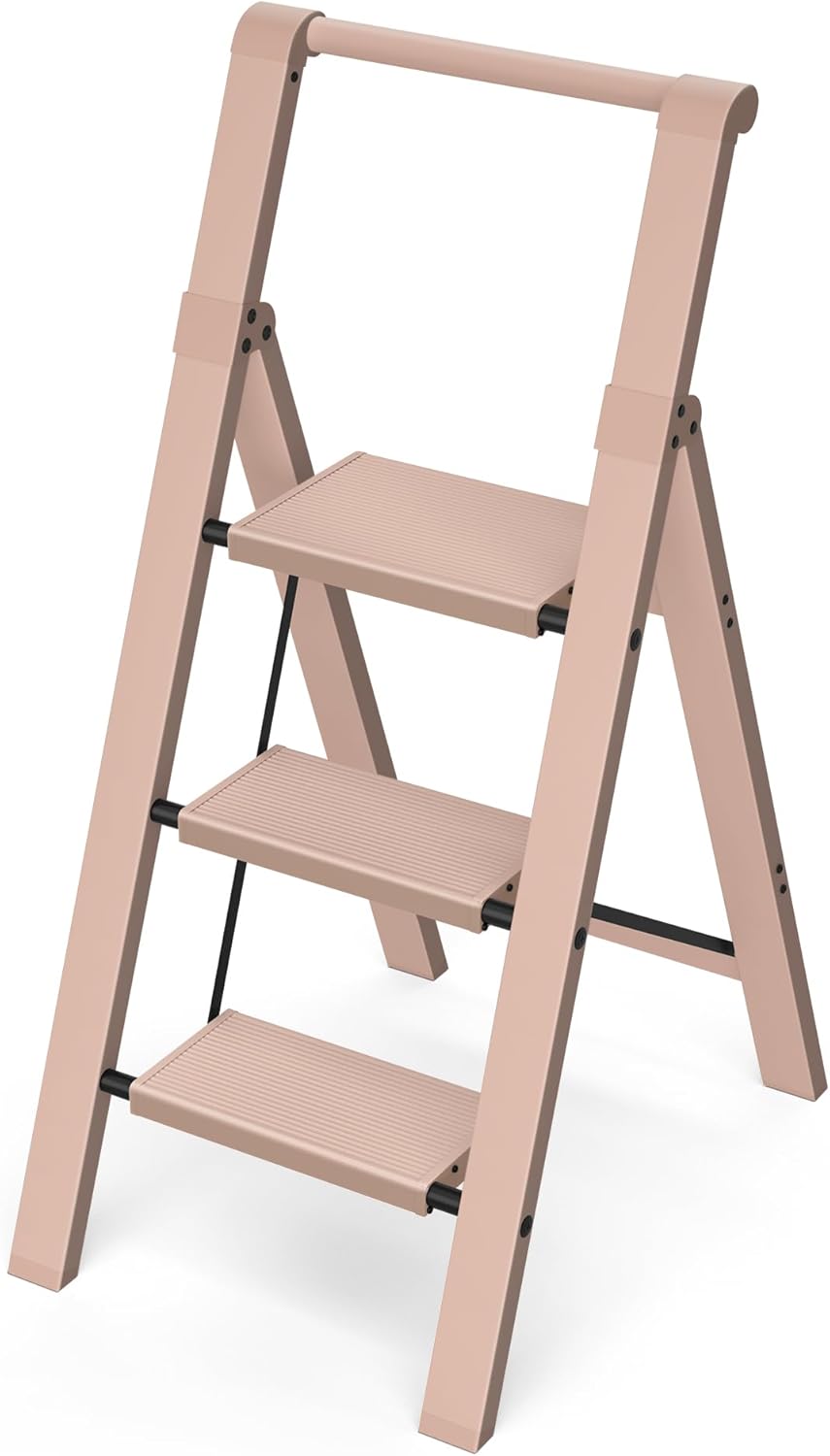 Taranta 3 Step Ladder, Lightweight Aluminum Step Stool with Convenient Handgrip, Folding Ladder with Anti-Slip Pedals, 330lbs Capacity Stepladder for Home, Office, Kitchen - Peach Pink