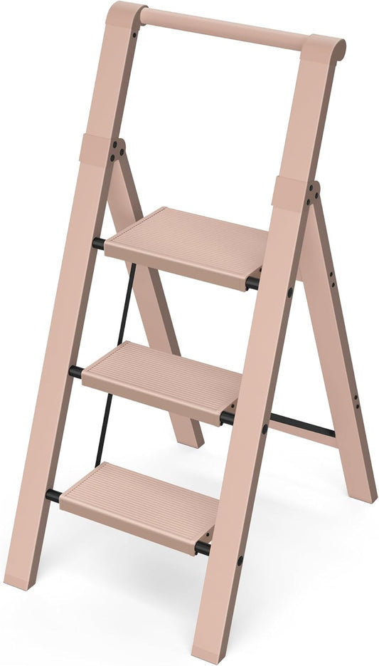 Taranta 3 Step Ladder, Lightweight Aluminum Step Stool with Convenient Handgrip, Folding Ladder with Anti-Slip Pedals, 330lbs Capacity Stepladder for Home, Office, Kitchen - Peach Pink