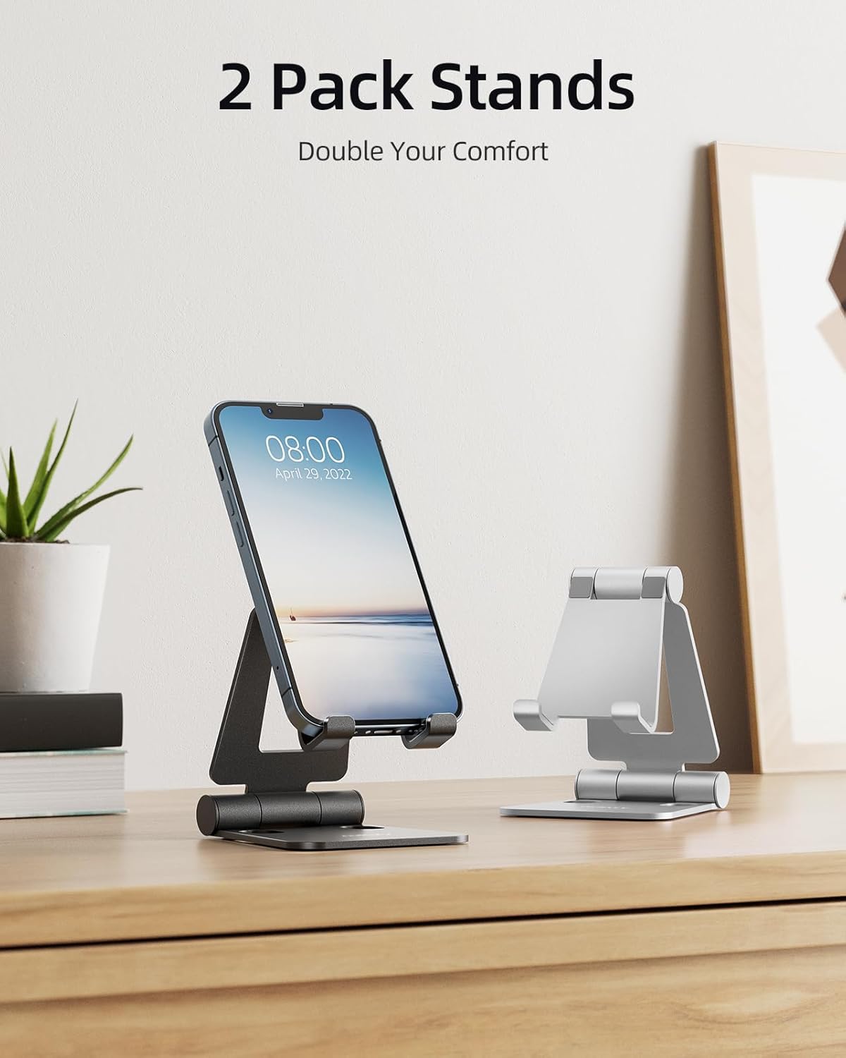 Nulaxy 2 Pack Dual Folding Cell Phone Stand, Fully Adjustable Foldable Desktop Phone Holder Cradle Dock Compatible with Phone 16 15 14 13 12 Pro Xs Xs Max Xr X 8, All Phones, Black & Silver