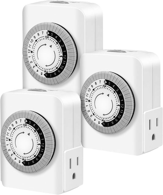 Outlet Timer,Timers for Electrical Outlets Indoor with 3-Prong Dual Outlet,24-Hour 30 Minute Daily On/Off Cycle, Plug-in Mechanical Timers for Christmas Lights, Lamps, Grow Light (3-Pack)