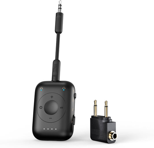 MEE audio Connect Air Pro Bluetooth Wireless Audio Transmitter & Receiver for AirPods or Bluetooth Headphones, 2-in-1 Adapter with Detachable Cable 3.5mm Aux Audio Jack for Airplanes, Auto, Gym, Black