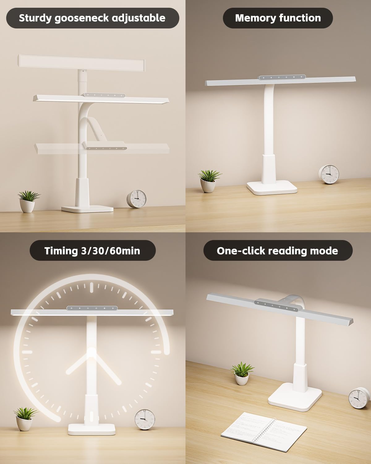 LED Desk Lamp for Home Office with Base, Dimmable Eye-Caring Computer Light with Memory & Timer Functions, Flexible Gooseneck Touch Control Architect Desk Light for Reading, Study, Workbench (White)