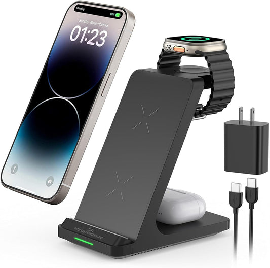 Wireless Charging Station, 3 in 1 Fast Wireless Charger Stand for Multiple Devices Apple Watch Ultra Series 10 9 8 7 6 SE 5 4 3 2, iPhone 16 15 14 13 12 11 Pro Max/Plus/Mini/X/XS/XR, Airpods Pro
