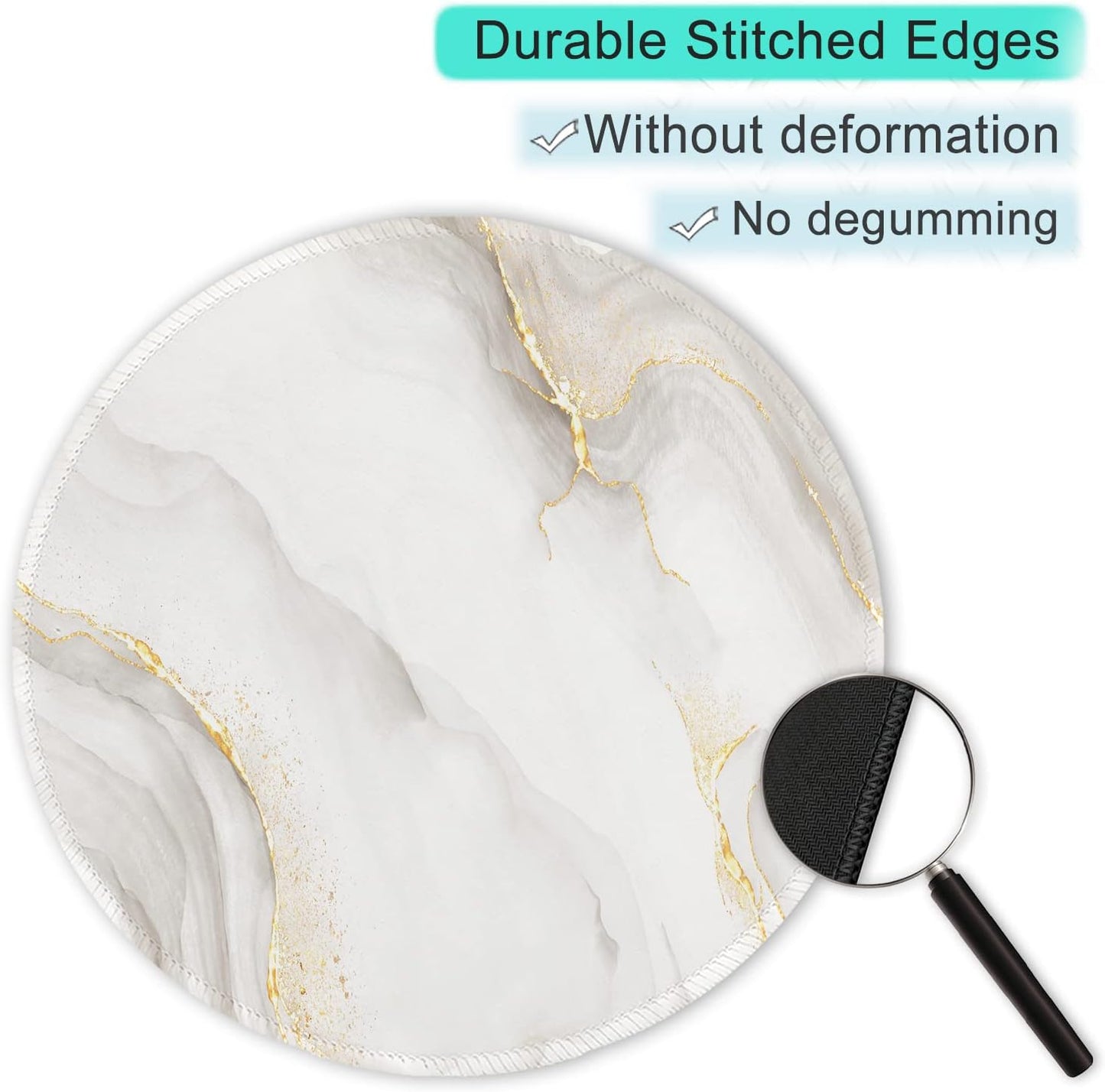 ITNRSIIET Round Mouse Pad with Stitched Edge Premium-Textured Waterproof Non-Slip Rubber Base Desktop Protection Mat Diameter 8.7 inches, White marbling