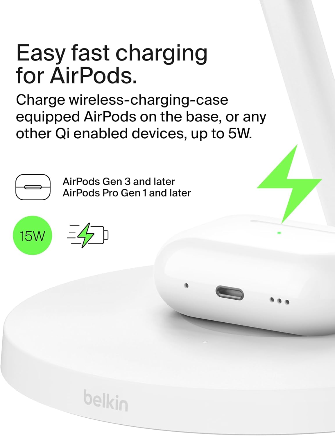 Belkin MagSafe-Compatible Charger, 3-in-1 Wireless Charging Station, Qi2-Certified 15W Wireless Charge for Apple iPhone 16 Series, Apple Watch, AirPods w/Non-Slip Base, 40W Included - White