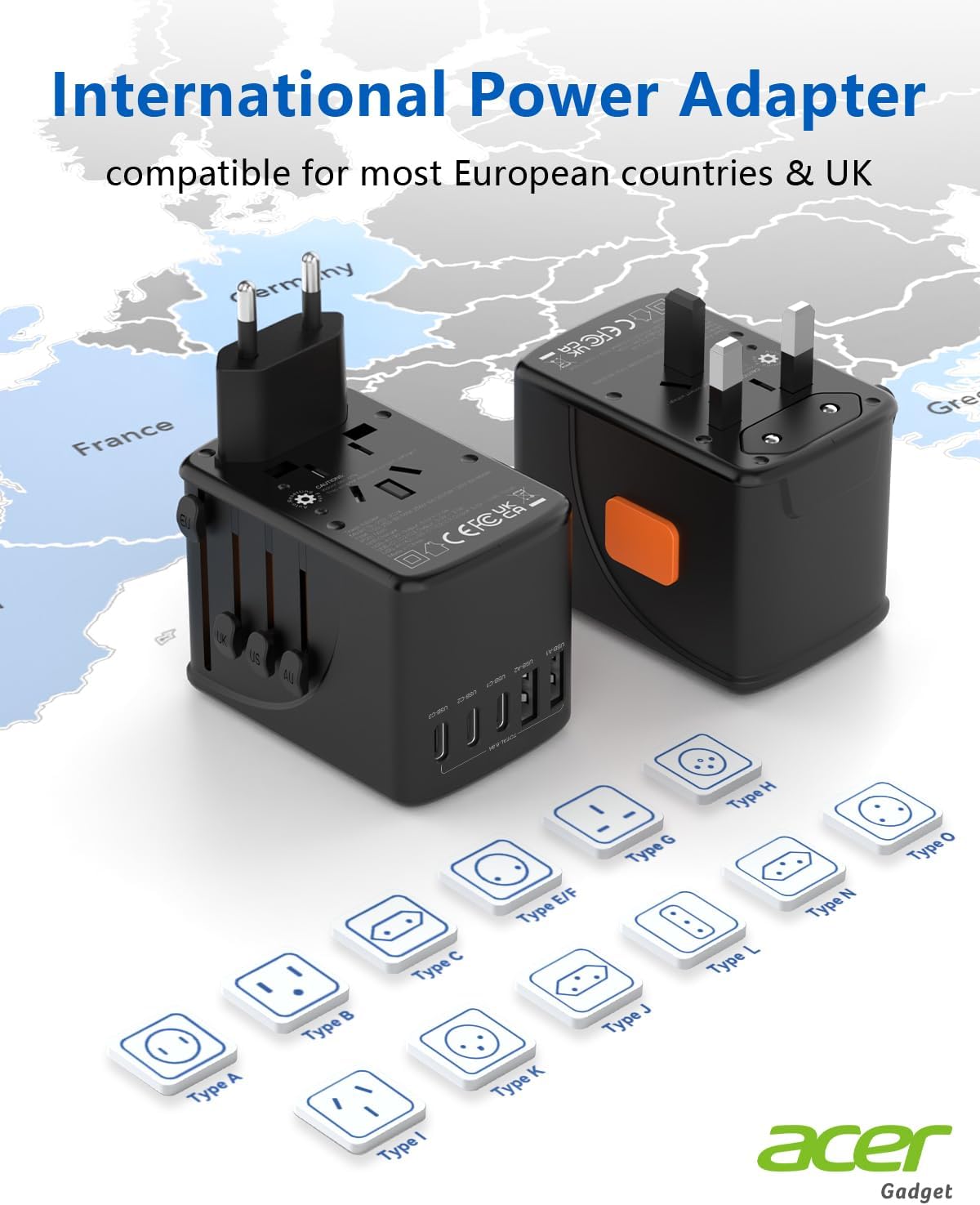 Acer 70W GaN Universal Travel Plug Adapter - International Power Adapter with 3 USB C & 1 USB A, Worldwide Power Outlet Travel Essentials for USA to European UK AUS Ireland, Type C/G/I/A, Black