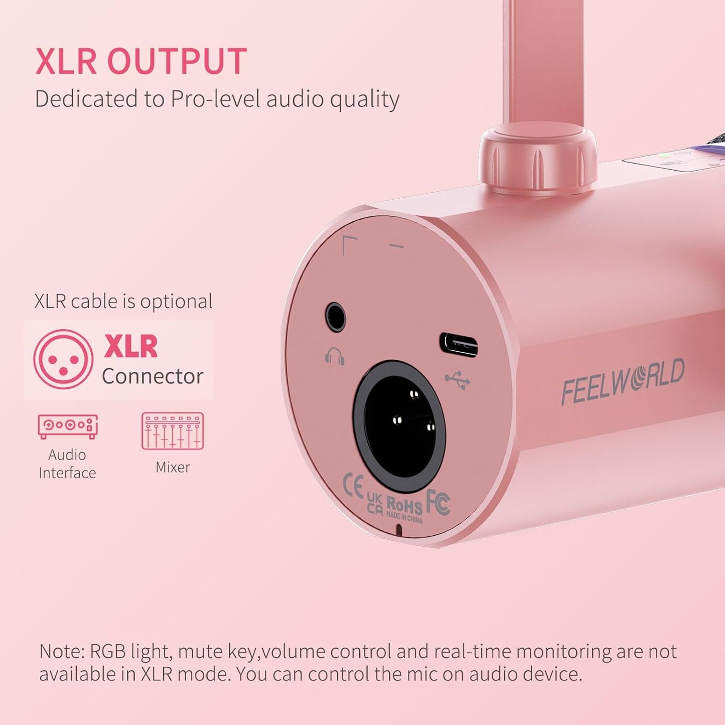 FEELWORLD PM1 XLR USB Dynamic Microphone Gifts for Podcast Recording PC Computer Gaming Live Streaming Vocal Voice-Over, Studio Metal Mic with RGB Light, Mute Button, Headphones Jack (Pink)