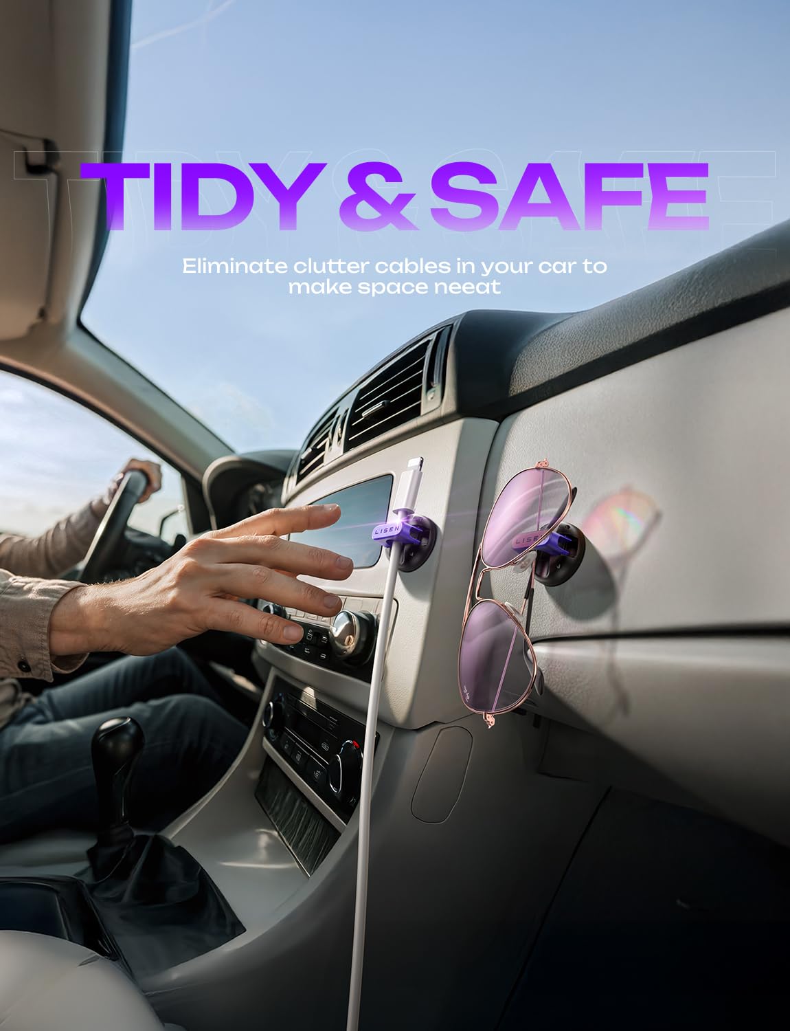 10-Pack Magnetic Cable Clips [1S Snap-On] Cord Holder, LISEN Office Desk Organizers and Accessories with 5 Extra Strong Adhesive Pads, Wire Organizer for Nightstand, Home, Wall, Car, Desktop, Purple