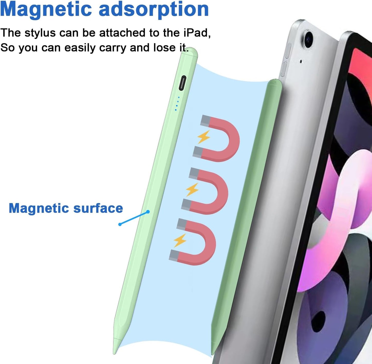 Stylus Pen for iPad 9th&10th - Type-c Charging Pencil for ipad Palm Rejection Active Pen Compatible with (2018-2025) Apple iPad 6/7/8/9/10/11(A16), Air 3/4/5/M2/M3, Mini 5/6, Pro 11"/12.9"/M4（Green）