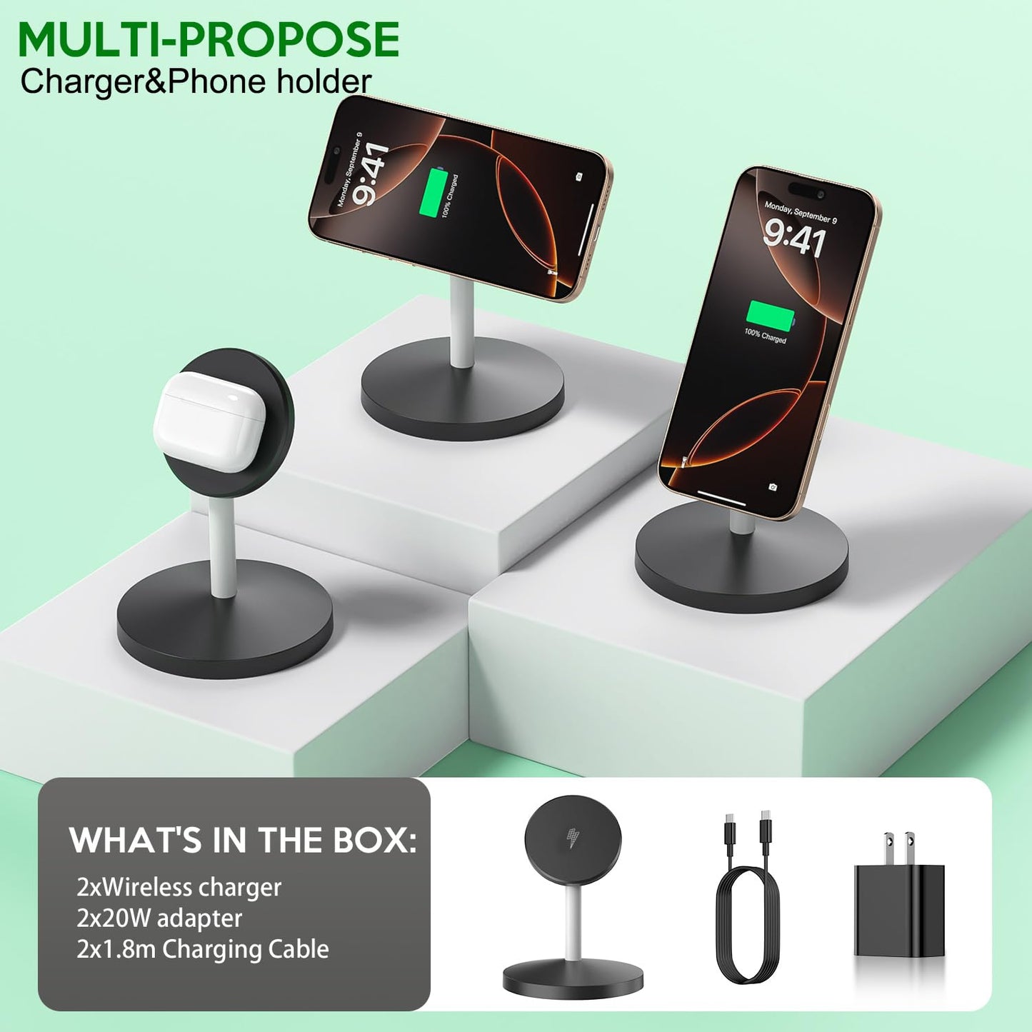 2Pack Magnetic Wireless Mag-Safe Charger Stand,Long 6FT USB C Cable + USB C Charge Block + 15W Apple Magsafe Wireless Station/Pad Fast Charging for iPhone 16 Pro/16 Plus/16 Pro Max/15/14/13/12/AirPods