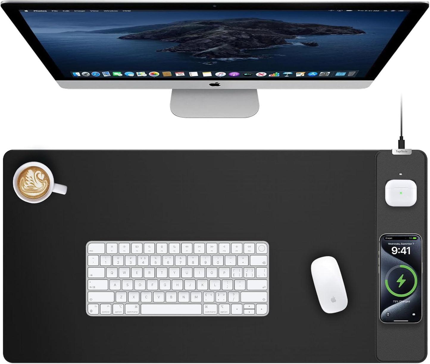 TopMade Mouse Pad with 15W Wireless Charging, Gaming Mousepad Home Office Large Desk Pad with Ultra-Smooth Surface, Non-Slip Base, Waterproof Keyboard Pad, Classic Black Desk Mat
