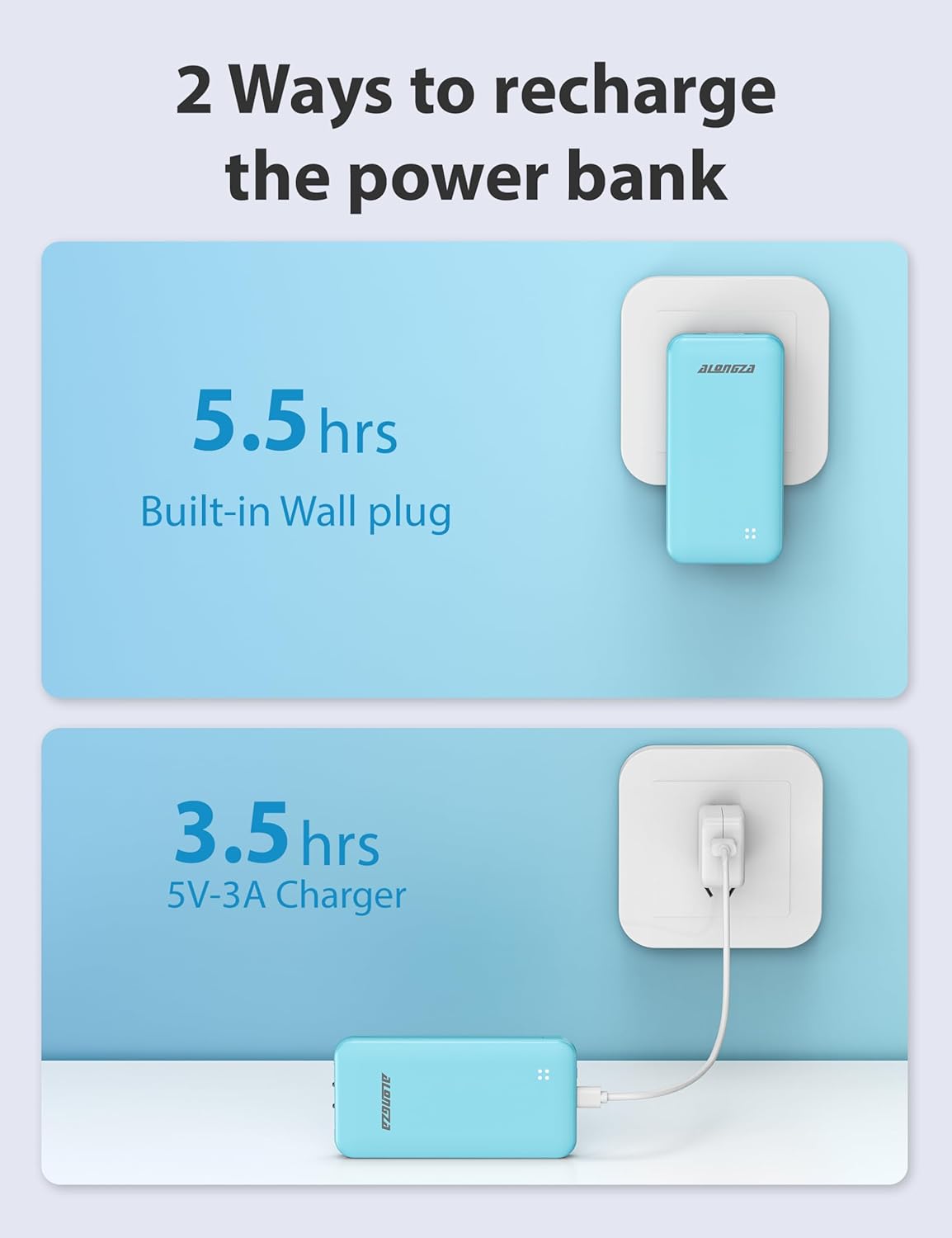 Alongza Portable Charger Built-in Cables and AC Wall Plug, Slim Fast Charging Power Bank 10000mAh, Lightweight USB C External Battery Pack Compact Travel Cell Phone Charger