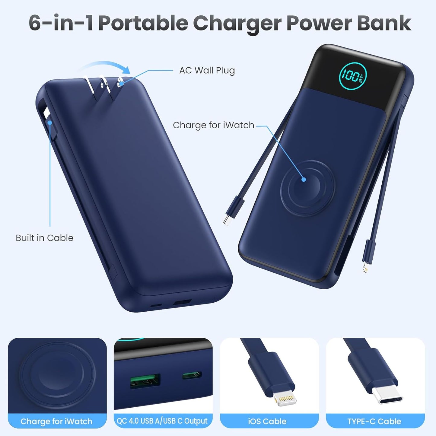 Portable Charger 26800mah for iPhone with Built-in Cables & AC Wall Plug,6-in-1 USB C Power Bank with iWatch Charger,25W PD Fast Charging Battery Pack for iPhone 16/15/14/13/12,Android,Apple Watch etc