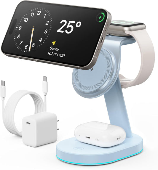 3 in 1 Wireless Charger Charging Station for iPhone,Qi2 Certified 15W Magnetic Charging Stand for Mag-Safe with 30W USB C Adapter&Friendly Night Light for iPhone 16/15/14/13/12,Apple Watch,AirPods