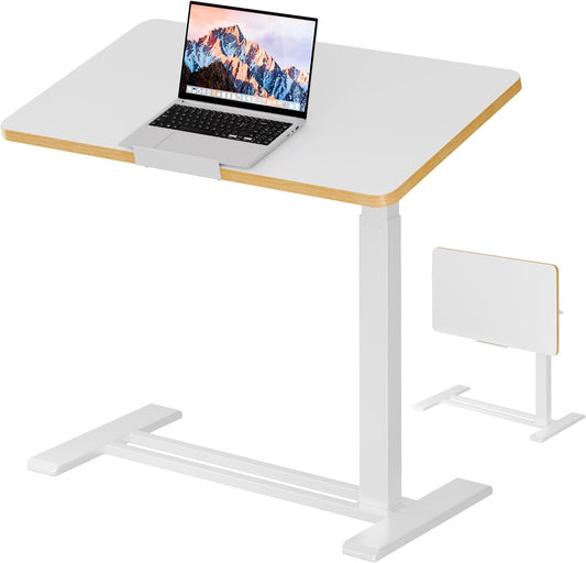 SANODESK Medical Adjustable Overbed Bedside Table with Casters 90° Tilt Top Pneumatic Mobile Rolling Laptop Computer Standing Desk Cart with Tray, Hospital and Home Use(31.5" W x 17.7" D, White)