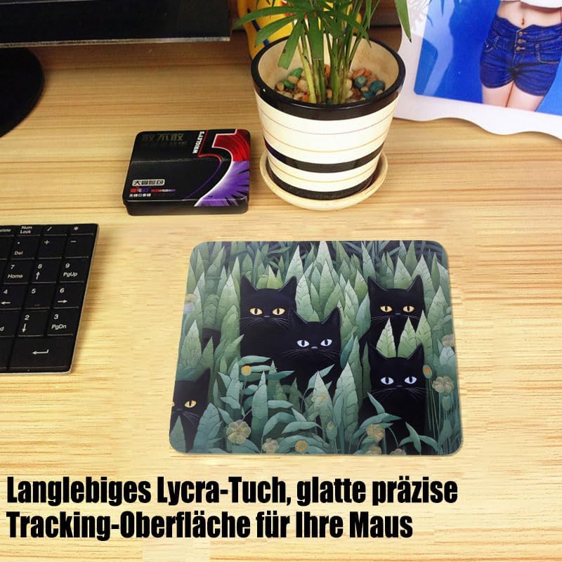 Mouse Pad, Gaming Mouse Pad, Non-Slip Rubber Base Mouse Mat with Designs for Laptop, Computer & Office, 9.5 x 7.9 x 0.12 inches (Black Cats in Grass)