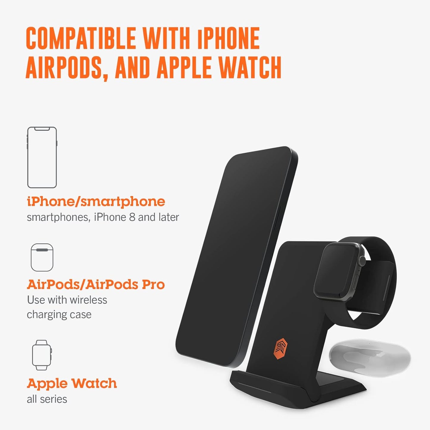 STM ChargeTree Go - 3-in-1 Portable Wireless Charging Station for iPhone, Samsung, Android (15W/7.5W), AirPods (5W), Apple Watch (3W) - Qi Certified - Black