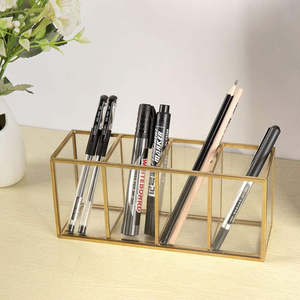 NIUBEE Acrylic Pen Holder 4 Compartments, Gold Copper Border Pencil Organizer Cup for Countertop Desk Accessory Storage
