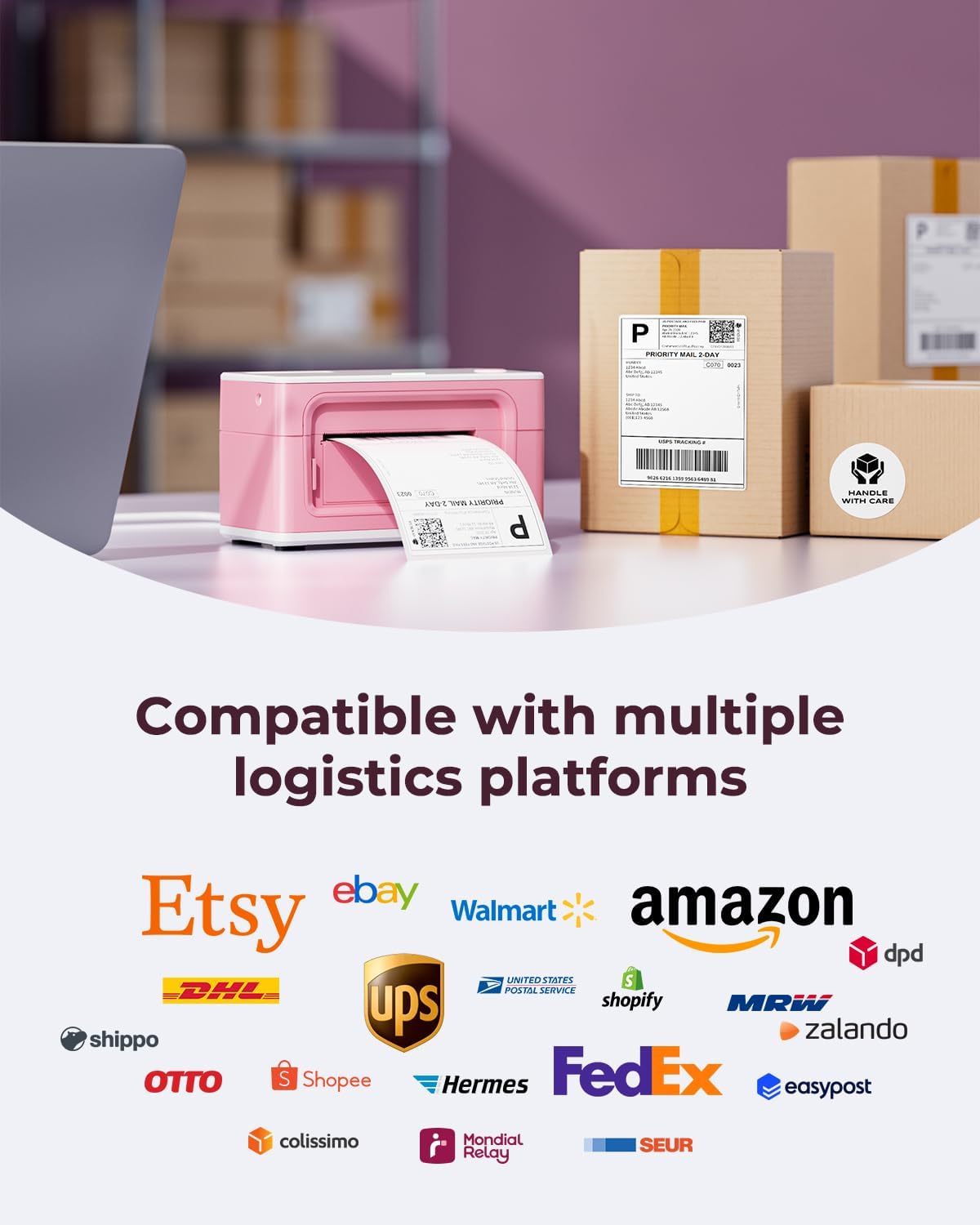 MUNBYN Bluetooth Thermal Label Printer 941B, Wireless 300DPI 4x6 Shipping Label Printer for Small Business, Compatible with Windows, Mac, iPhone, Android, PC, Ebay, Amazon, Shopify, Etsy, USPS (Pink)