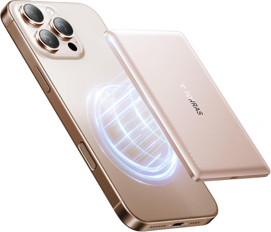 TORRAS MiniMag Power Bank, Ultra Slim 5,000mAh Wireless Portable Charger with USB-C Cable, Fast Charging Magnetic Battery Pack, Magsafe-Compatible Charger for iPhone 16/15/14/13/12, Desert Gold