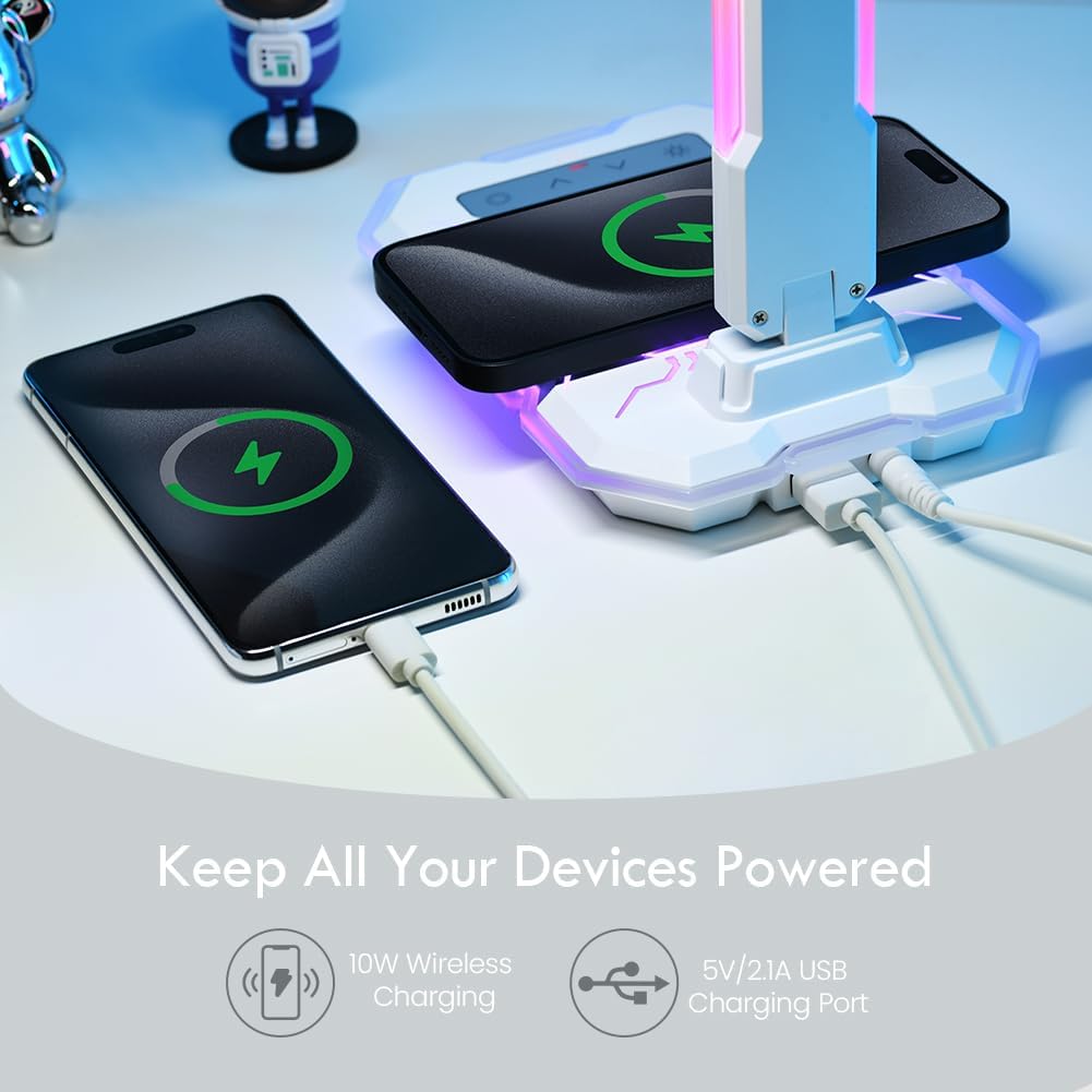 WILIT Desk Lamp for College Dorm Room,Sound Reactive RGB Lamp, Gamer Room Decor, Table Lamp with Wireless Charger&USB Charging Port,Touch Control Lamp,LED Reading Lamp for Home Office,Men Gifts