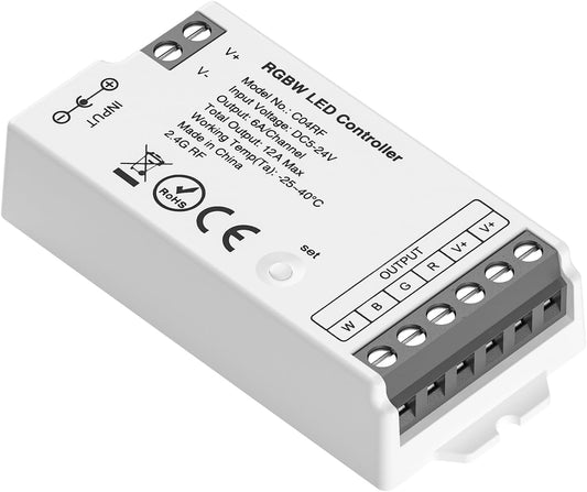 BTF-LIGHTING C04RF Tuya Controller Support PWM 5050SMD FCOB COB RGBW (+ R G B W) 5pin LED Strip Support with WR02RF RC03RFB RF Remote DC5V/DC12V/DC24V Max 12A Indoor Use Only(NO Remote NO Power)
